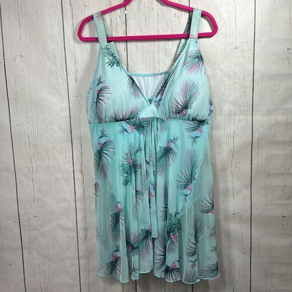 Fit 4 U Womens Plus Floral Print Mesh Splicing Blue Green One Piece Swimsuit - Picture 5 of 15